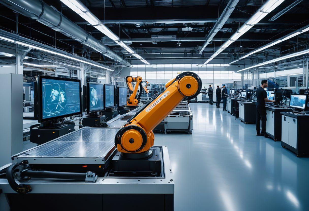 An intricate factory floor showcasing advanced robotics and automation technology in action, with workers collaborating seamlessly alongside machines. Include digital screens displaying key innovation trends and futuristic designs. The space should have a sleek, modern aesthetic with bright, engaging colors to reflect a forward-thinking approach. super-realistic. vibrant colors. high-tech environment.