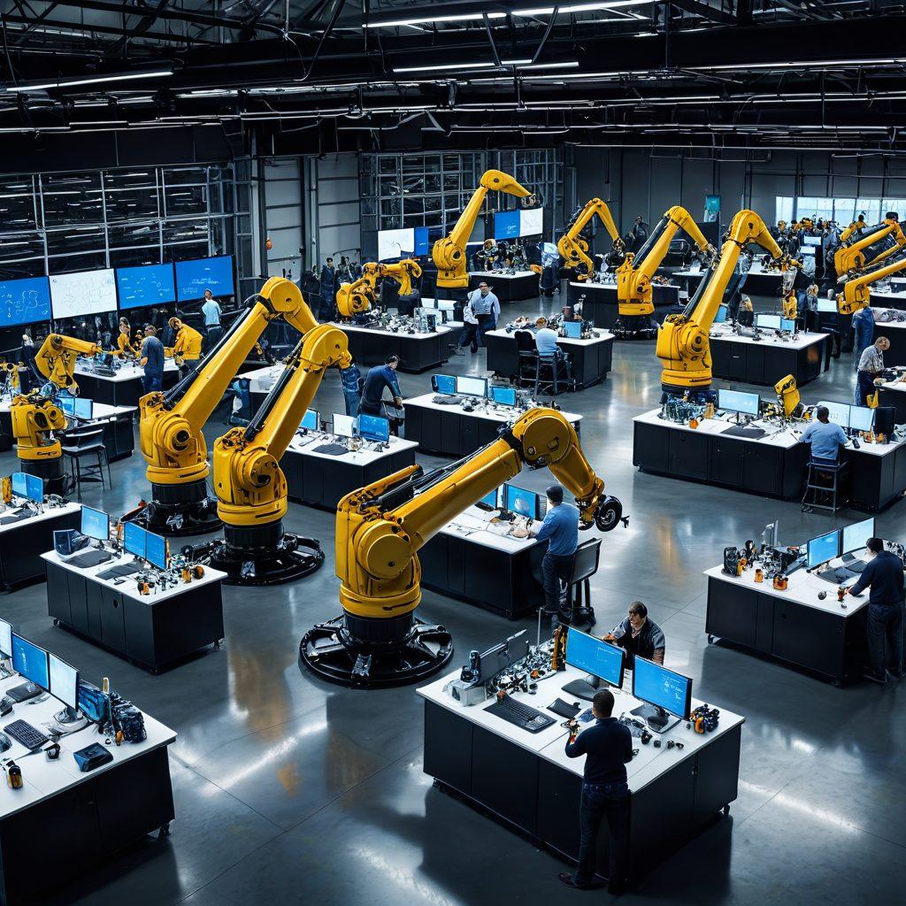 A dynamic manufacturing floor showcasing advanced technologies like robotic arms and assembly lines in action, with engineers discussing blueprints and data analytics dashboards overhead. Include bright, engaging visuals of machinery, factory workers collaborating, and elements representing innovation such as gears and circuit patterns. The atmosphere conveys a sense of progress and teamwork. super-realistic. vibrant colors. industrial style.