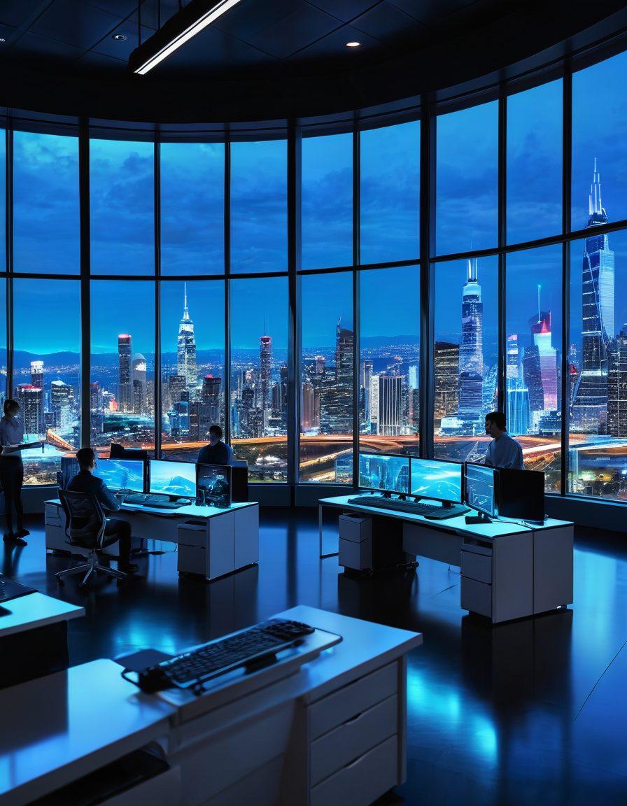 A futuristic manufacturing facility, showcasing advanced robotics and innovative machinery in action. Engaging visuals of diverse engineers collaborating on high-tech projects, surrounded by holographic displays of data and designs. The space is bright and filled with vibrant colors, symbolizing creativity and progress. Include a large window revealing a skyline of a smart city in the background. ultra-modern, super-realistic, vibrant colors.
